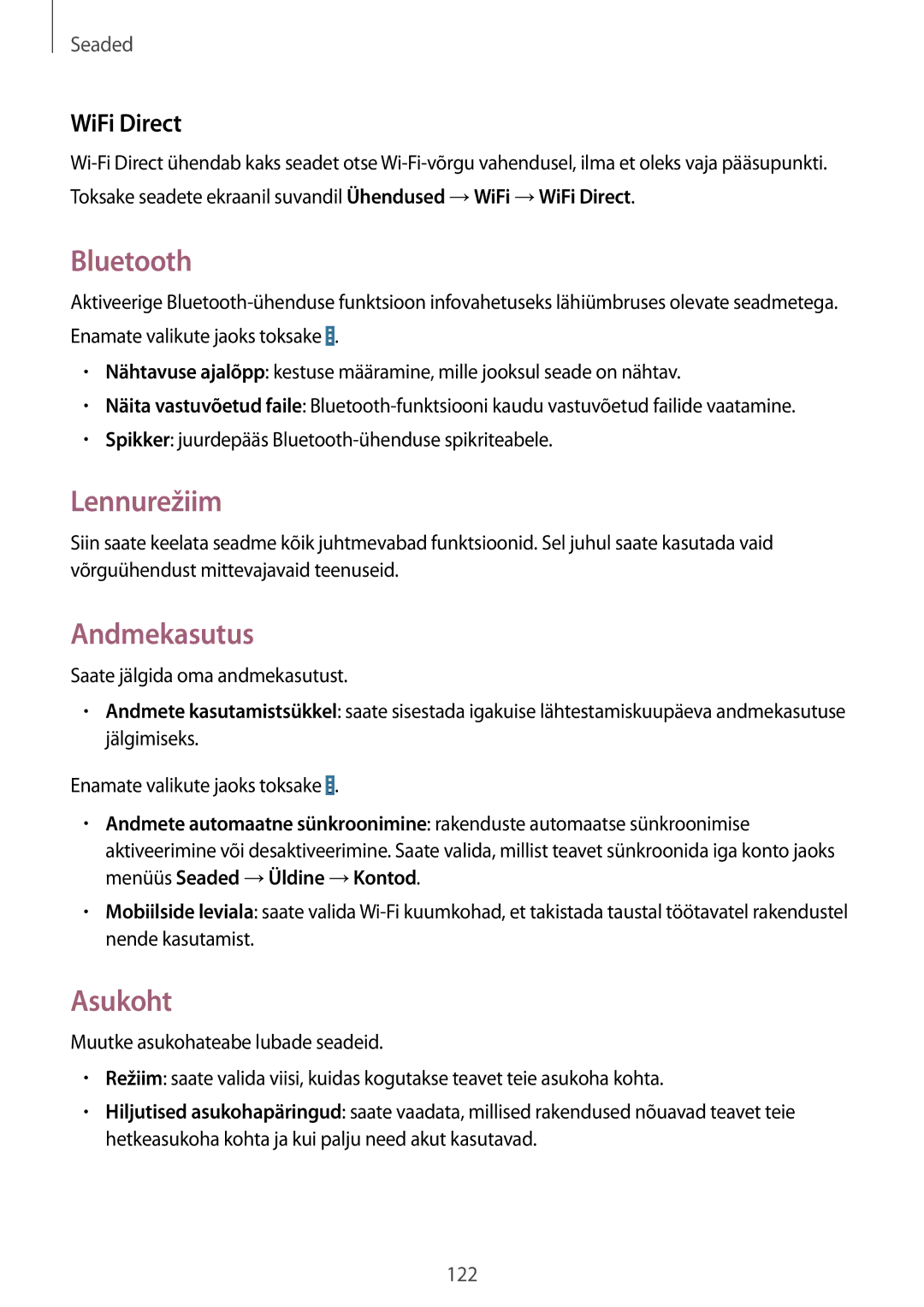 Samsung SM-T520NZWASEB, SM-T520NZWABAL, SM-T520NZKASEB manual Bluetooth, Lennurežiim, Andmekasutus, Asukoht, WiFi Direct 