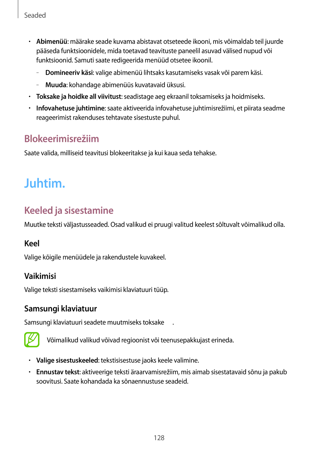 Samsung SM-T520NZWASEB, SM-T520NZWABAL, SM-T520NZKASEB manual Juhtim, Blokeerimisrežiim, Keeled ja sisestamine 