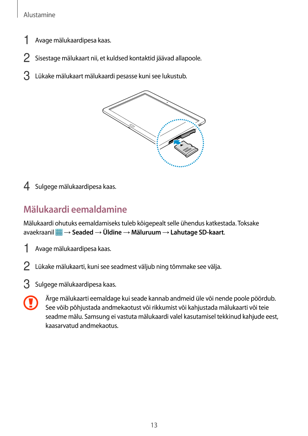 Samsung SM-T520NZKASEB, SM-T520NZWABAL, SM-T520NZWASEB manual Mälukaardi eemaldamine 