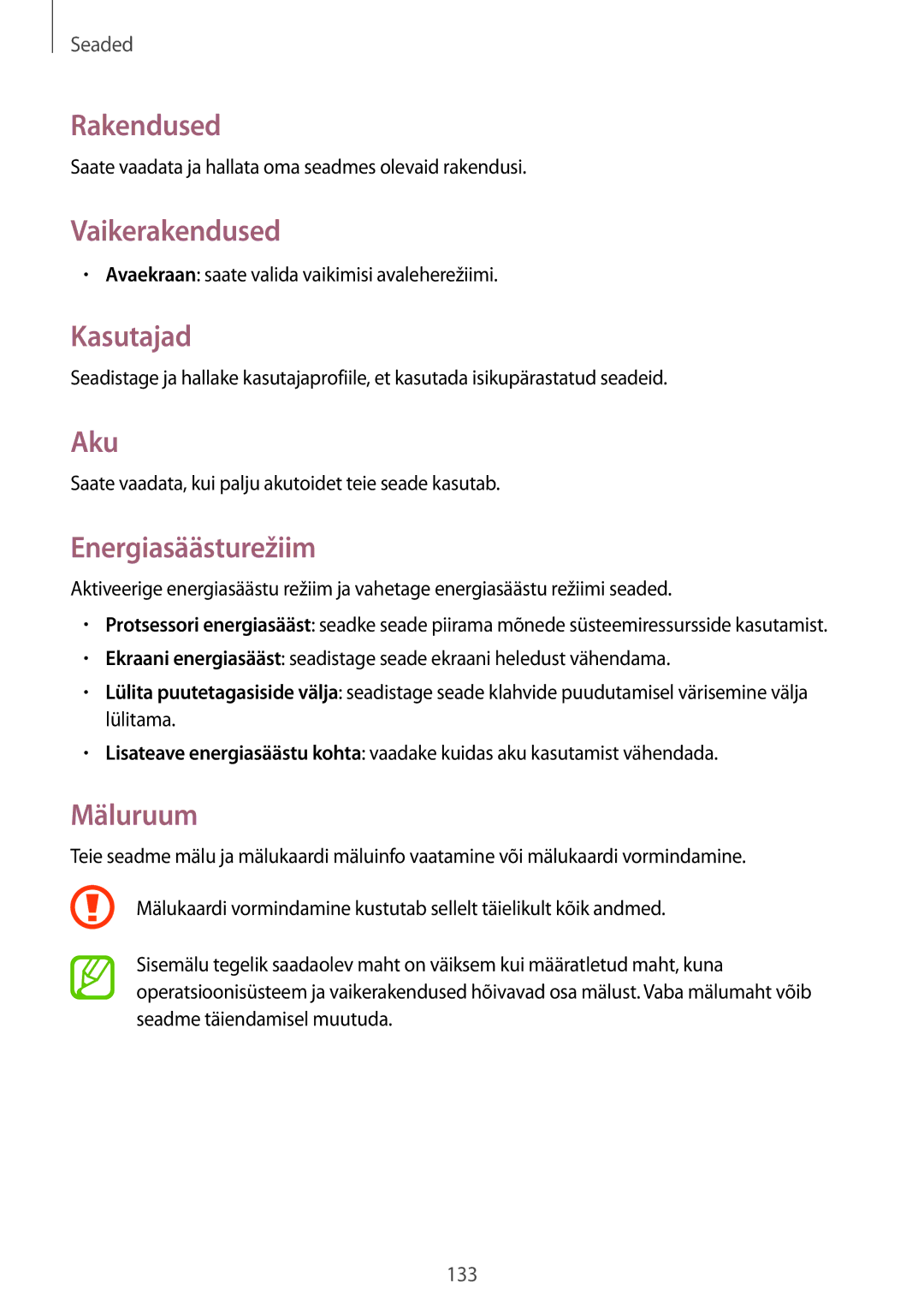 Samsung SM-T520NZKASEB, SM-T520NZWABAL manual Rakendused, Vaikerakendused, Kasutajad, Aku, Energiasäästurežiim, Mäluruum 