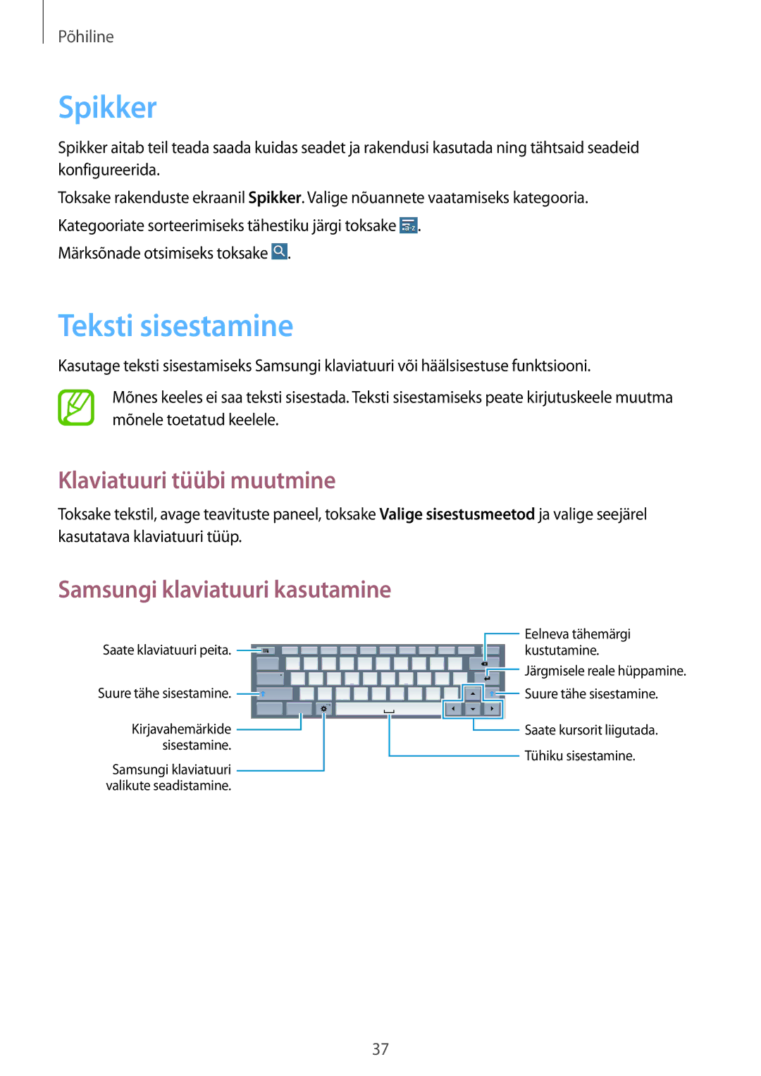 Samsung SM-T520NZKASEB, SM-T520NZWABAL, SM-T520NZWASEB manual Spikker, Teksti sisestamine, Klaviatuuri tüübi muutmine 