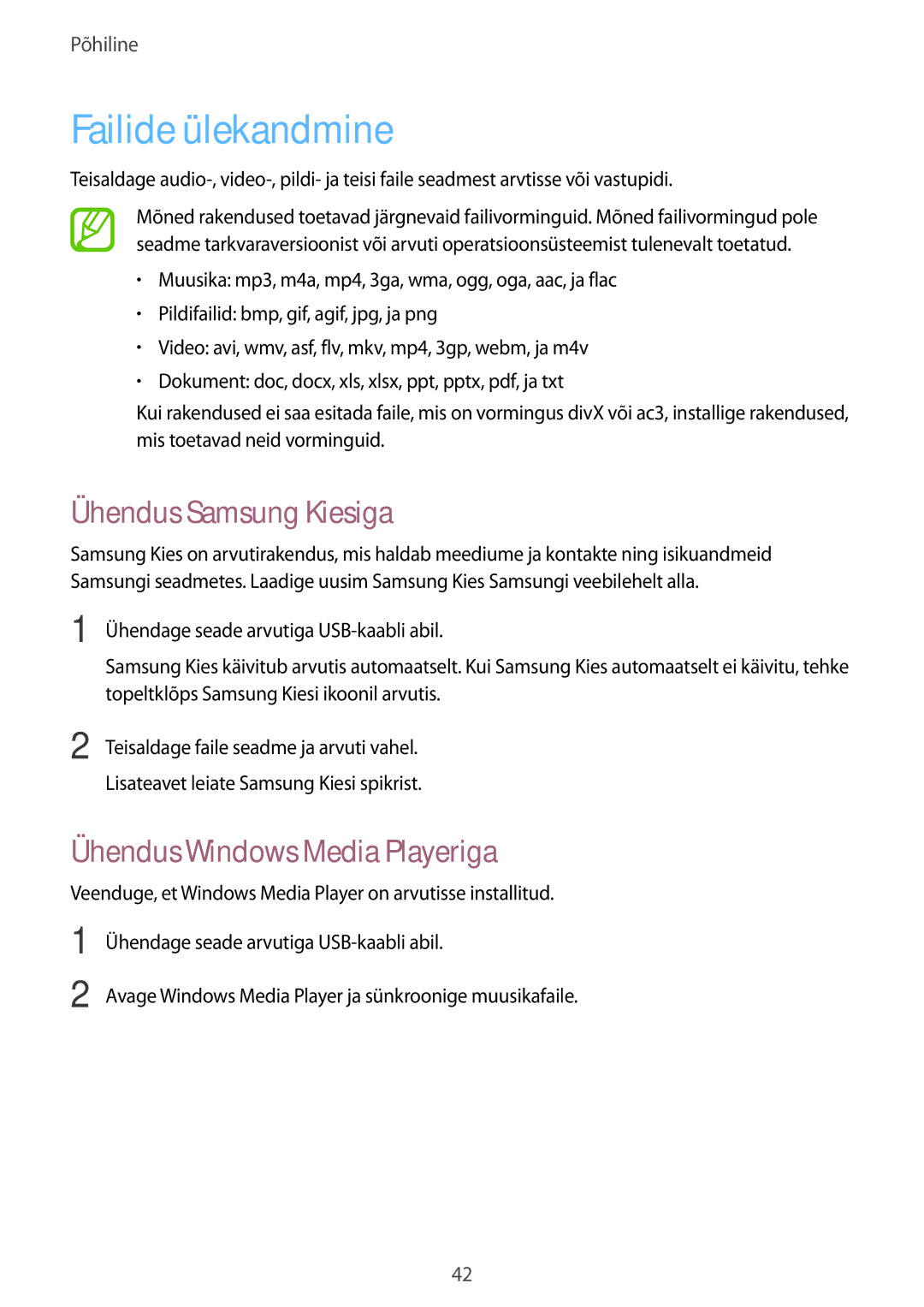 Samsung SM-T520NZWABAL, SM-T520NZKASEB manual Failide ülekandmine, Ühendus Samsung Kiesiga, Ühendus Windows Media Playeriga 