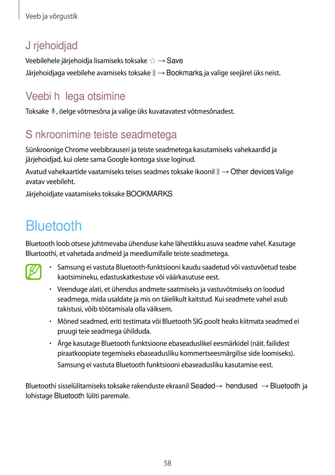 Samsung SM-T520NZKASEB, SM-T520NZWABAL, SM-T520NZWASEB manual Bluetooth, Sünkroonimine teiste seadmetega 