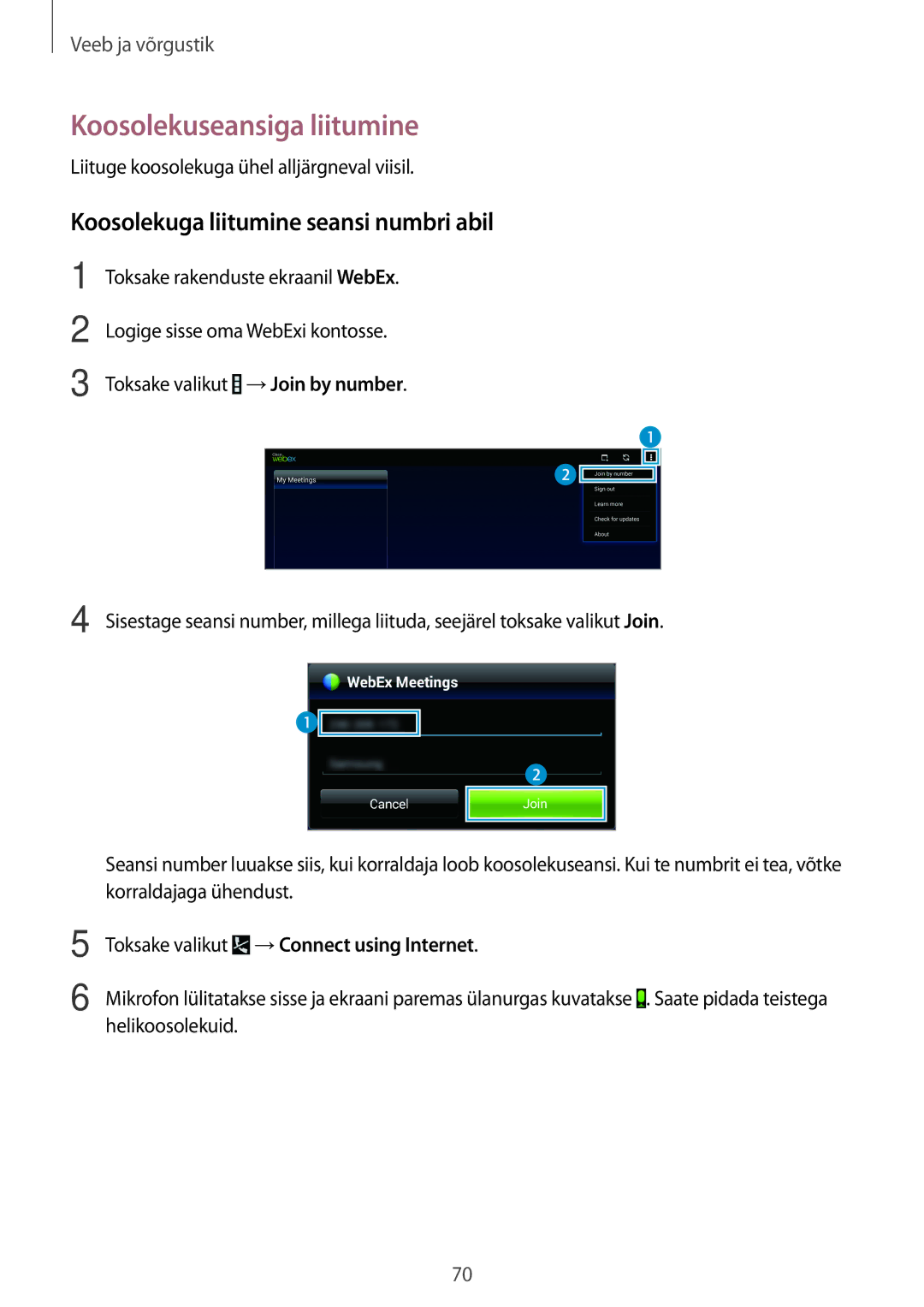 Samsung SM-T520NZKASEB, SM-T520NZWABAL manual Koosolekuseansiga liitumine, Koosolekuga liitumine seansi numbri abil 