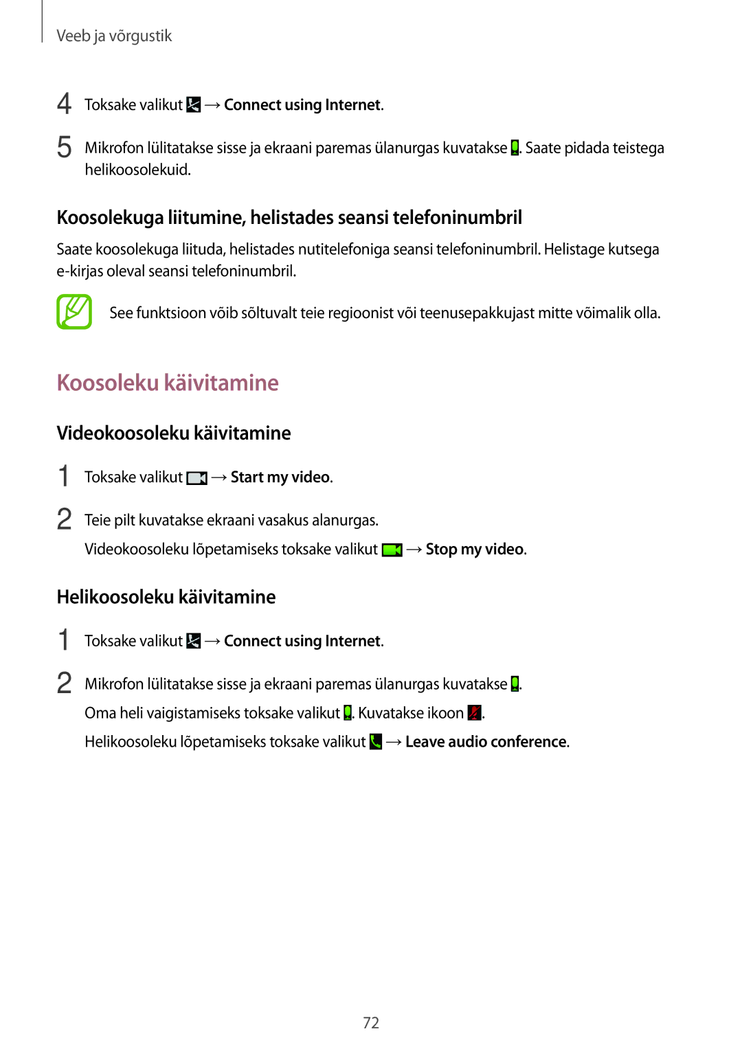 Samsung SM-T520NZWABAL, SM-T520NZKASEB Koosoleku käivitamine, Koosolekuga liitumine, helistades seansi telefoninumbril 