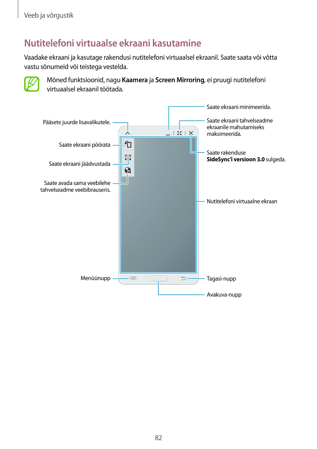 Samsung SM-T520NZKASEB, SM-T520NZWABAL, SM-T520NZWASEB manual Nutitelefoni virtuaalse ekraani kasutamine 