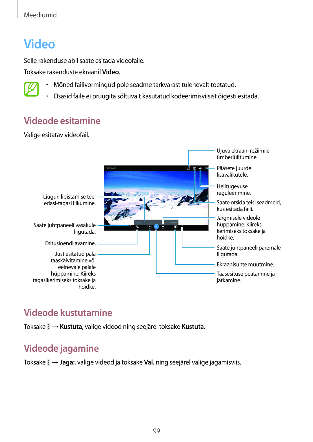 Samsung SM-T520NZWABAL, SM-T520NZKASEB, SM-T520NZWASEB manual Videode kustutamine, Videode jagamine 