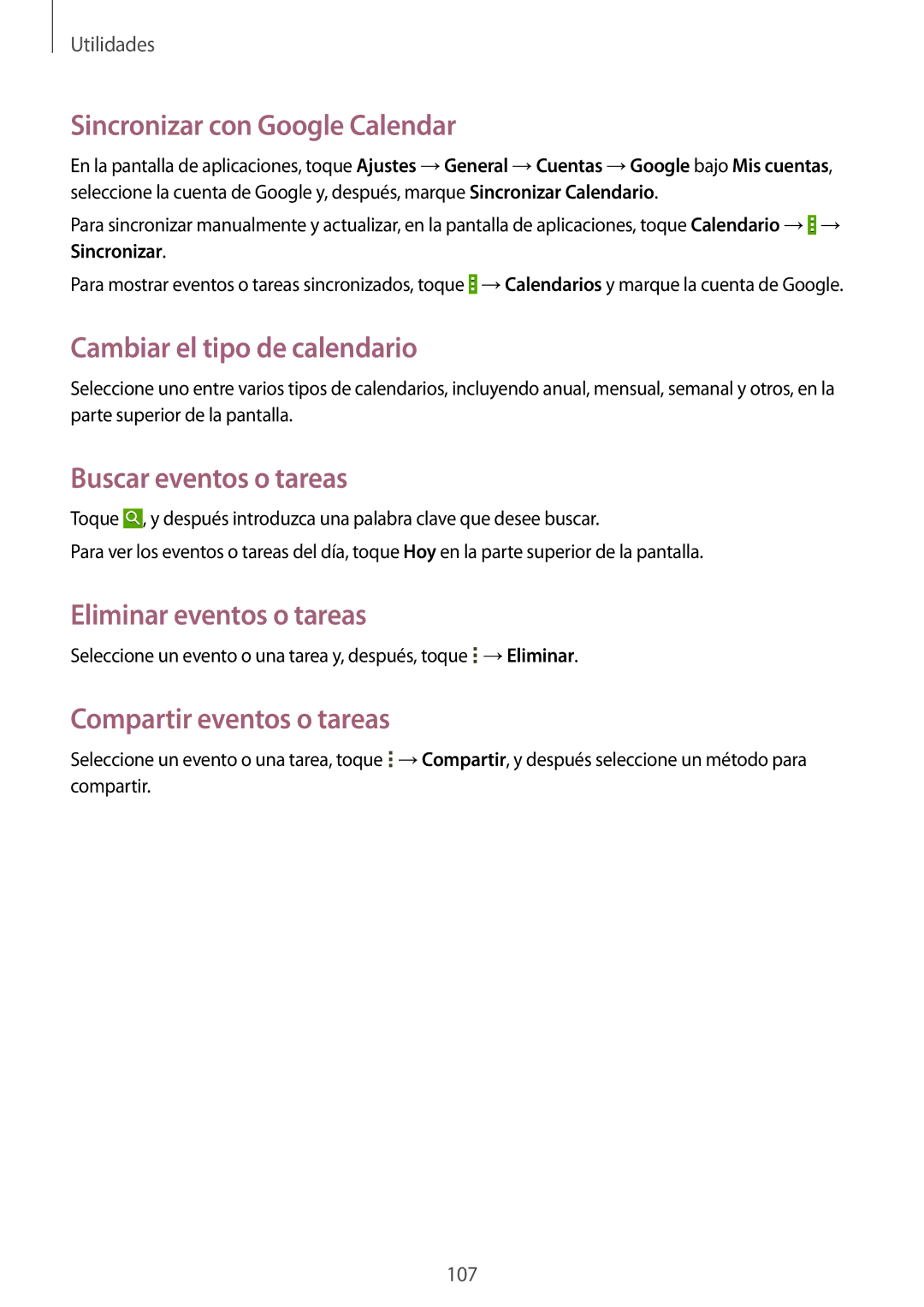 Samsung SM-T520NZWATPH manual Sincronizar con Google Calendar, Cambiar el tipo de calendario, Buscar eventos o tareas 
