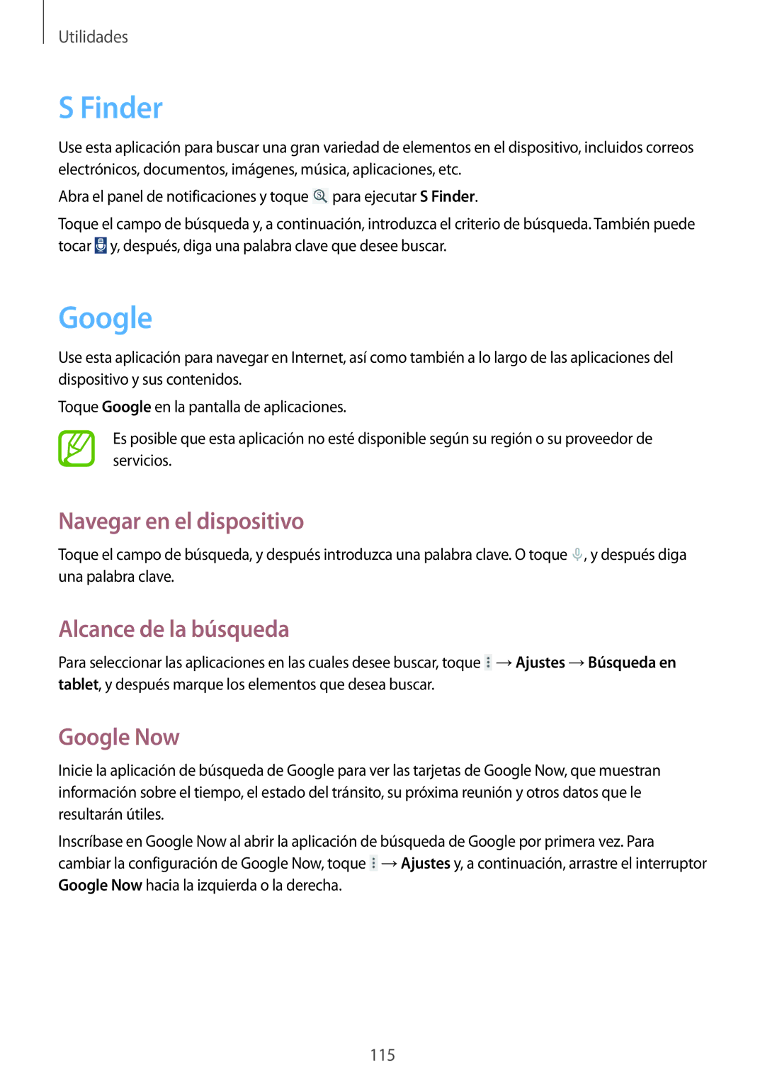 Samsung SM-T520NZWATPH, SM-T520NZWADBT manual Finder, Navegar en el dispositivo, Alcance de la búsqueda, Google Now 