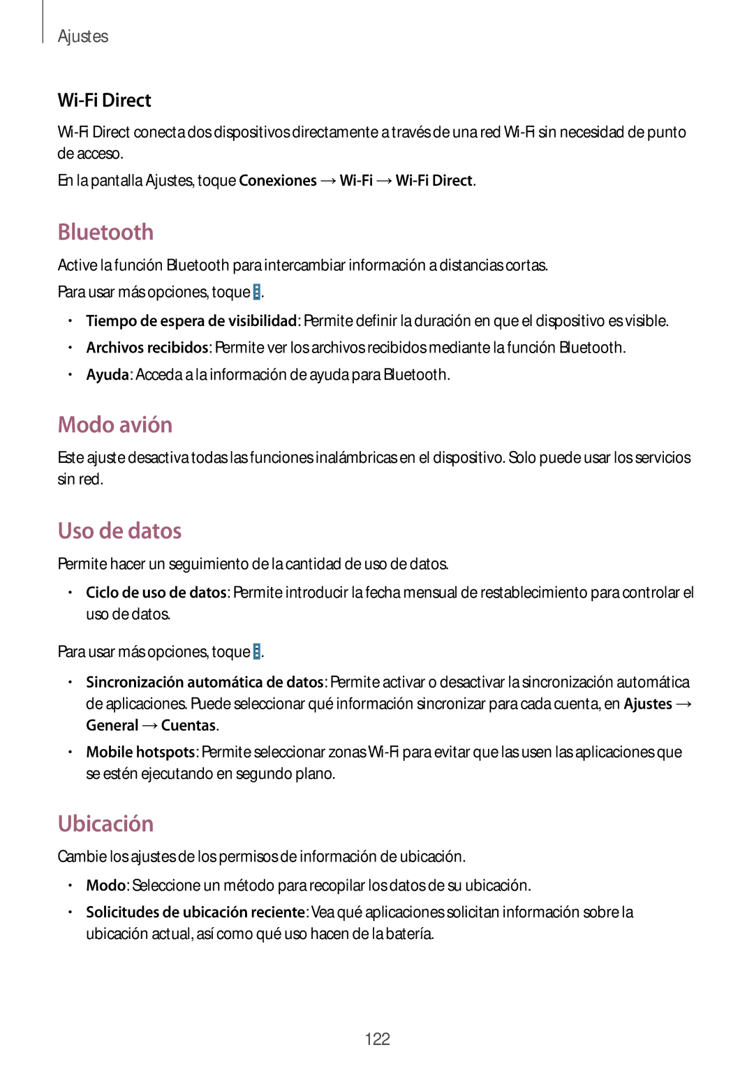Samsung SM-T520XZWAPHE, SM-T520NZWADBT, SM-T520NZKATPH manual Bluetooth, Modo avión, Uso de datos, Ubicación, Wi-Fi Direct 
