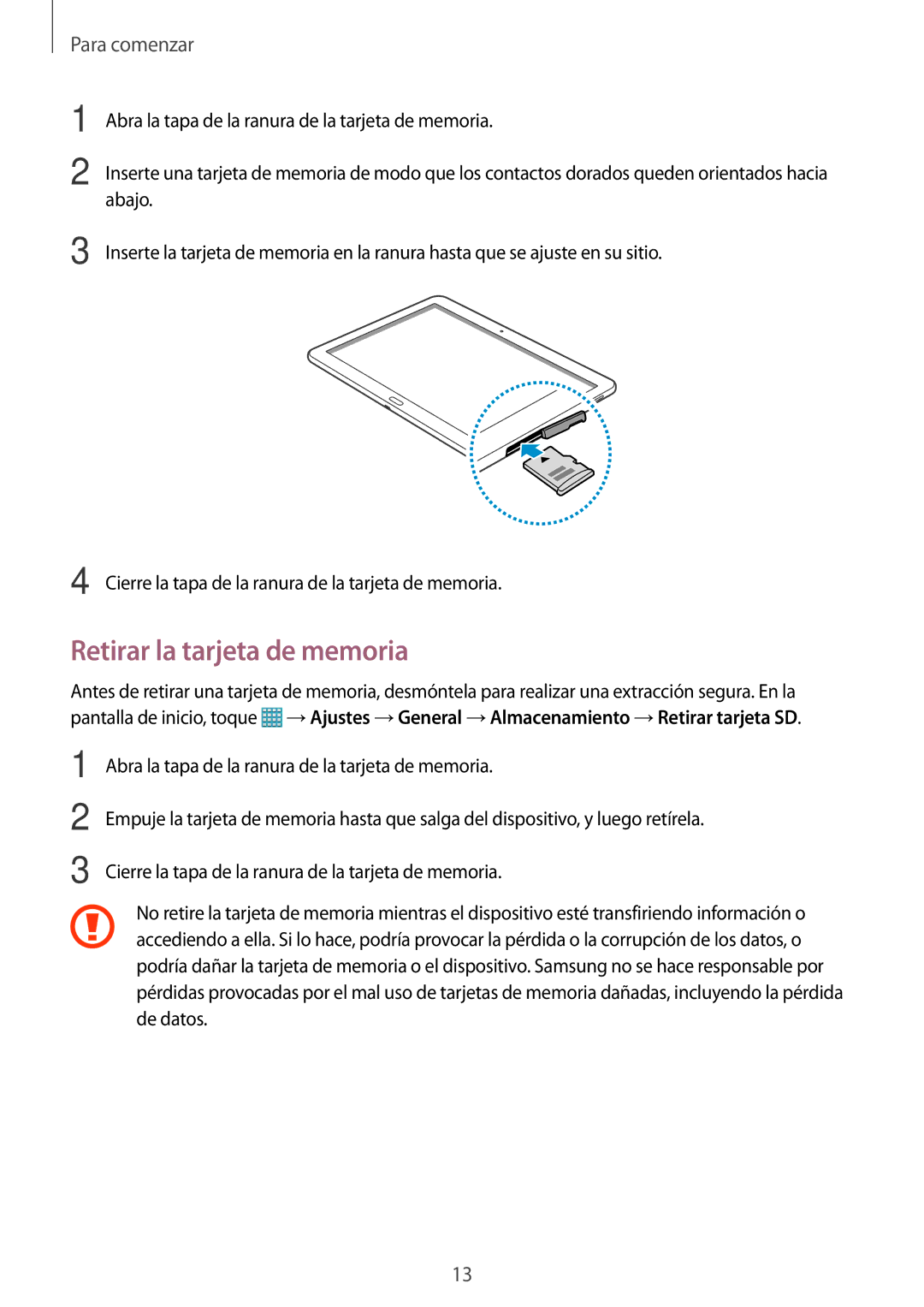 Samsung SM-T520NZWAAUT, SM-T520NZWADBT, SM-T520NZKATPH, SM-T520XZWAPHE, SM-T520NZWATPH manual Retirar la tarjeta de memoria 