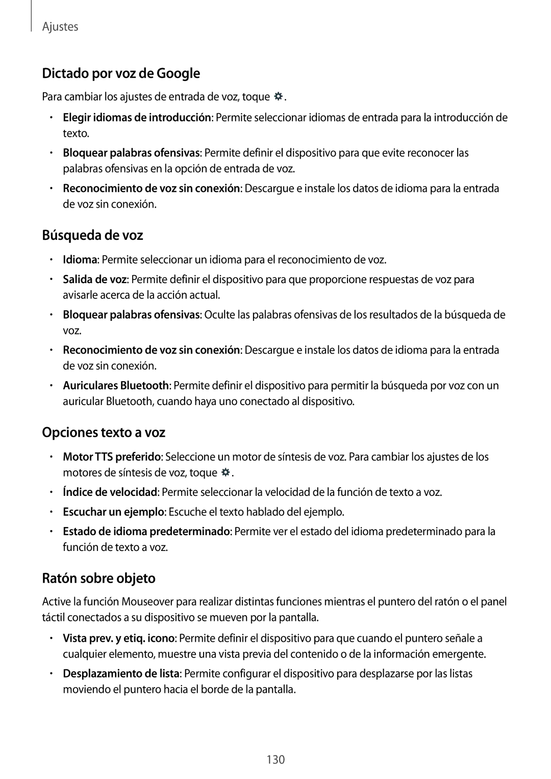 Samsung SM-T520XZWAPHE manual Dictado por voz de Google, Búsqueda de voz, Opciones texto a voz, Ratón sobre objeto 