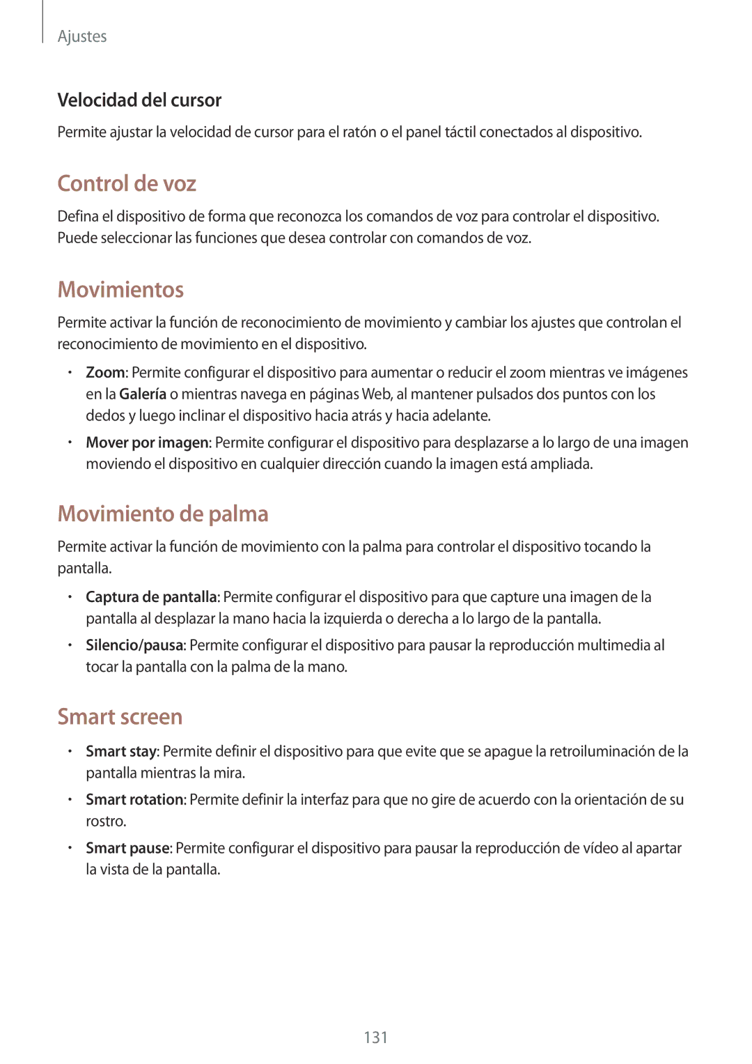 Samsung SM-T520NZWATPH manual Control de voz, Movimientos, Movimiento de palma, Smart screen, Velocidad del cursor 