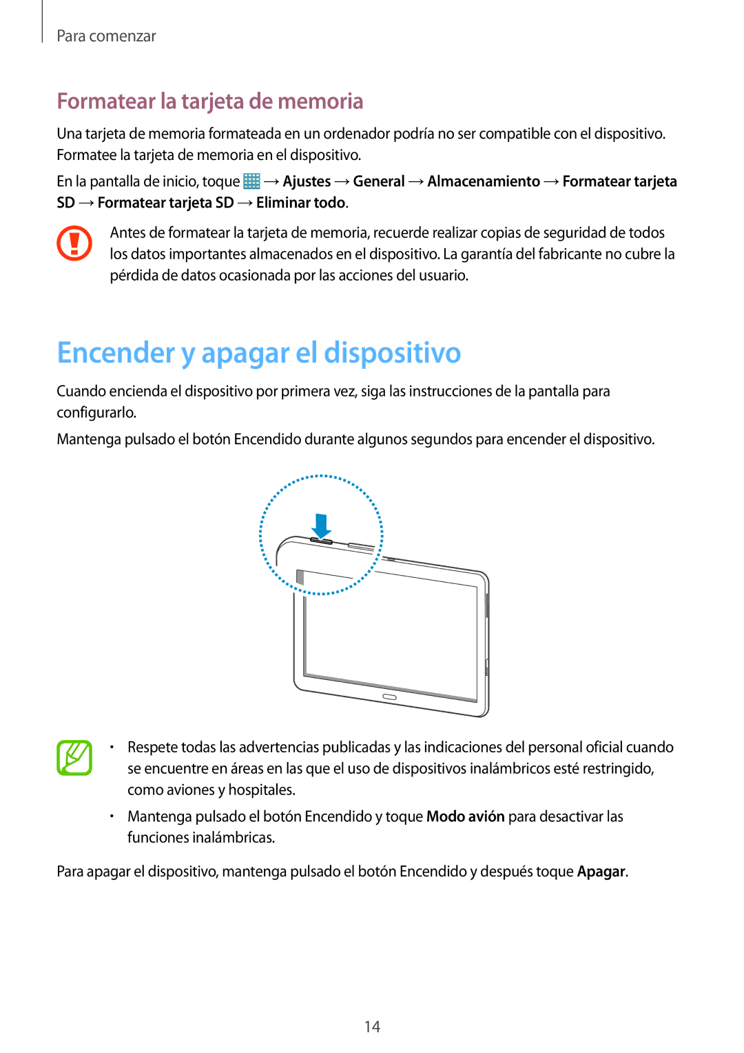 Samsung SM-T520NZKAPHN, SM-T520NZWADBT, SM-T520NZKATPH Encender y apagar el dispositivo, Formatear la tarjeta de memoria 