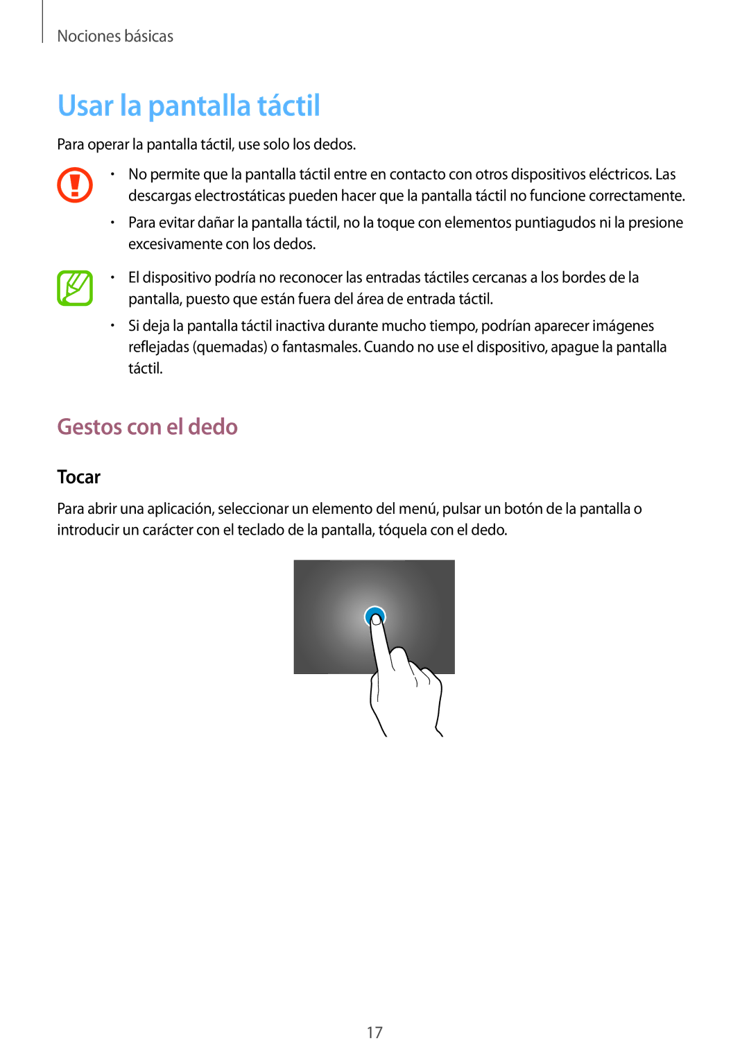 Samsung SM-T520NZKATPH, SM-T520NZWADBT, SM-T520XZWAPHE, SM-T520NZWATPH Usar la pantalla táctil, Gestos con el dedo, Tocar 