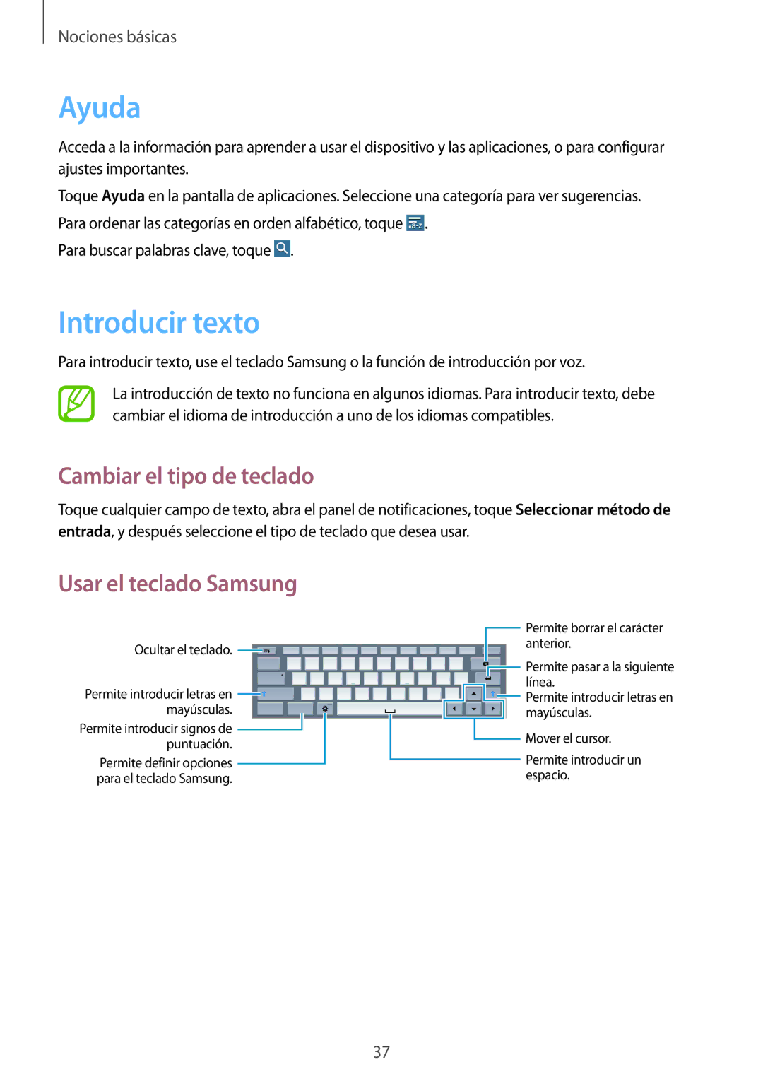 Samsung SM-T520NZWAAUT, SM-T520NZWADBT manual Ayuda, Introducir texto, Cambiar el tipo de teclado, Usar el teclado Samsung 