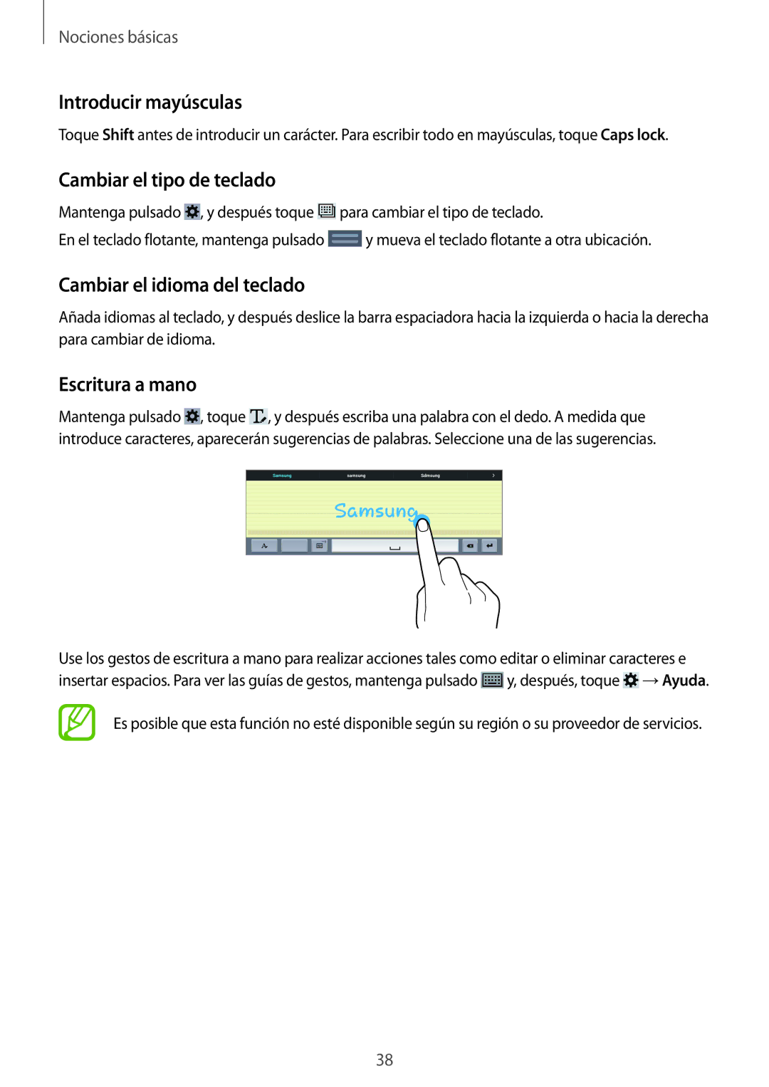 Samsung SM-T520NZKAPHN Introducir mayúsculas, Cambiar el tipo de teclado, Cambiar el idioma del teclado, Escritura a mano 