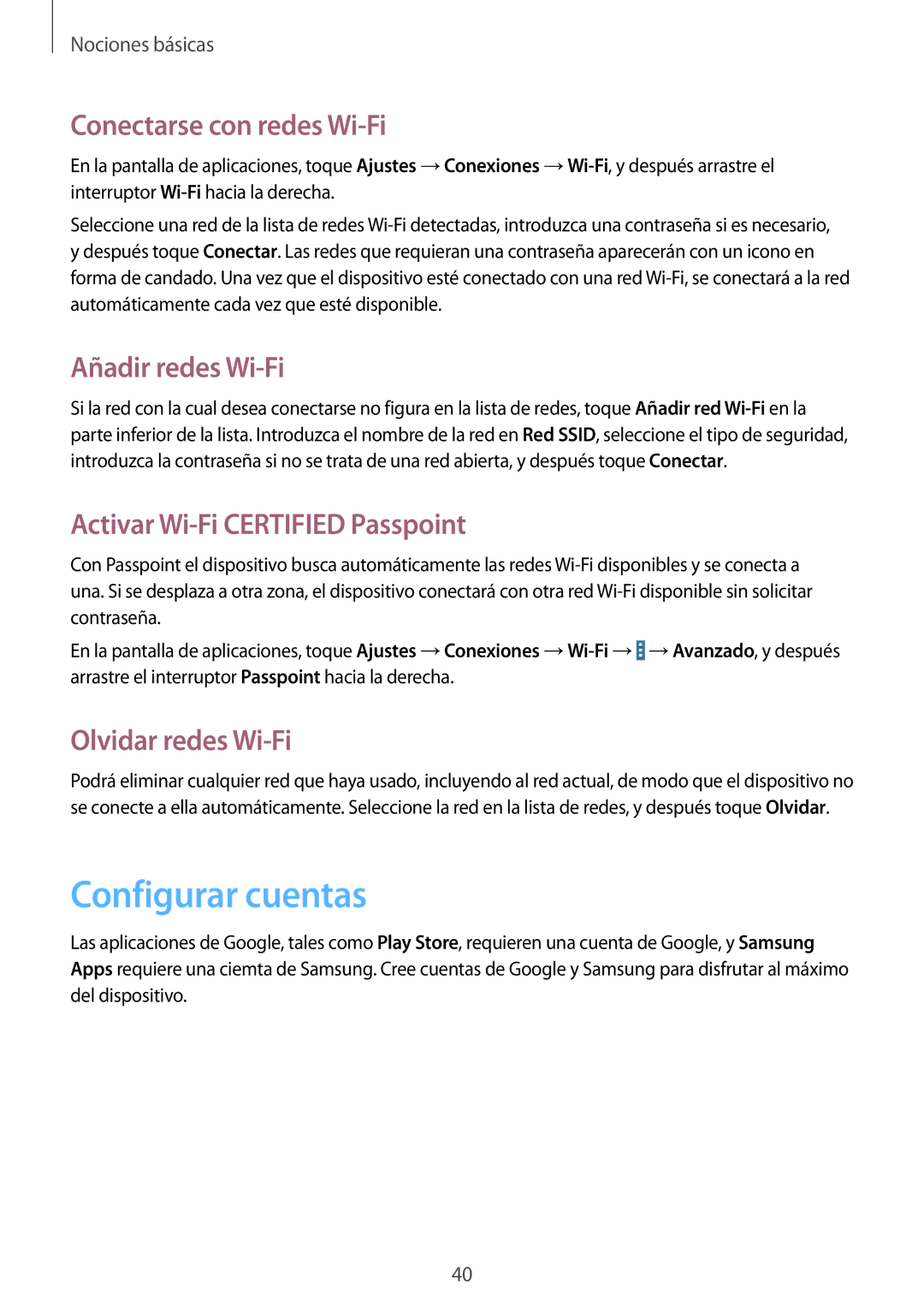 Samsung SM-T520NZWADBT manual Configurar cuentas, Conectarse con redes Wi-Fi, Añadir redes Wi-Fi, Olvidar redes Wi-Fi 