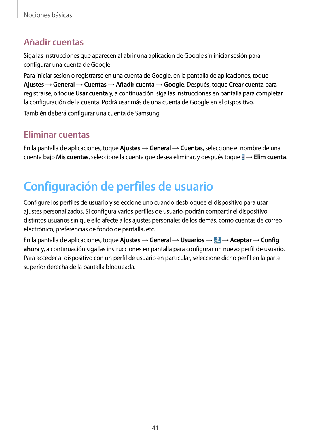 Samsung SM-T520NZKATPH, SM-T520NZWADBT manual Configuración de perfiles de usuario, Añadir cuentas, Eliminar cuentas 