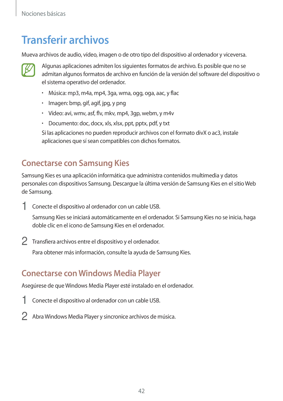 Samsung SM-T520XZWAPHE manual Transferir archivos, Conectarse con Samsung Kies, Conectarse con Windows Media Player 