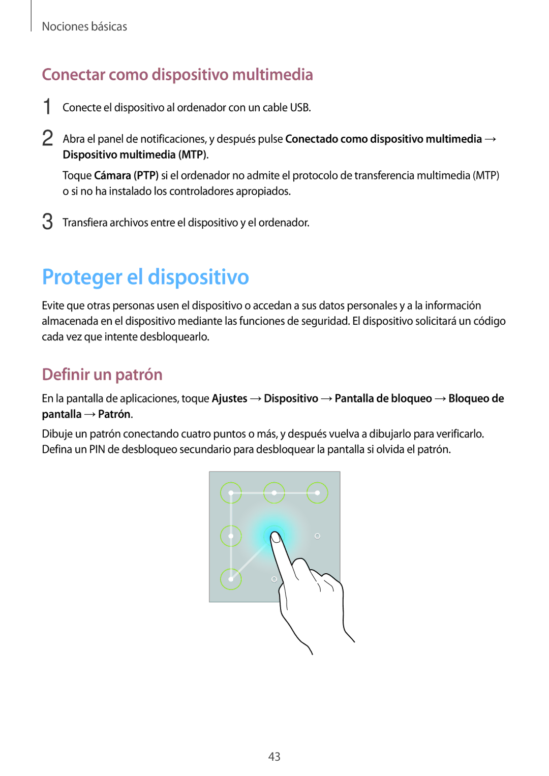 Samsung SM-T520NZWATPH, SM-T520NZWADBT Proteger el dispositivo, Conectar como dispositivo multimedia, Definir un patrón 