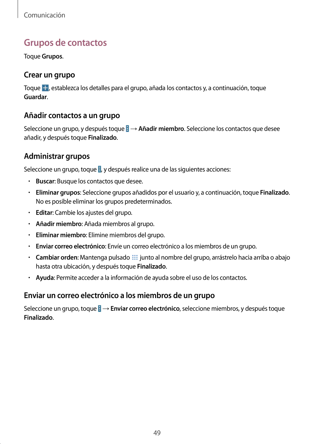 Samsung SM-T520NZKATPH manual Grupos de contactos, Crear un grupo, Añadir contactos a un grupo, Administrar grupos 