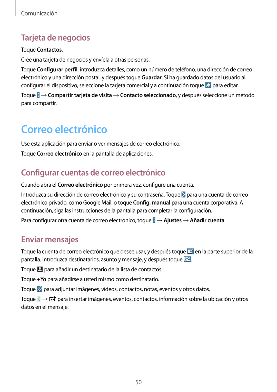 Samsung SM-T520XZWAPHE Correo electrónico, Tarjeta de negocios, Configurar cuentas de correo electrónico, Enviar mensajes 