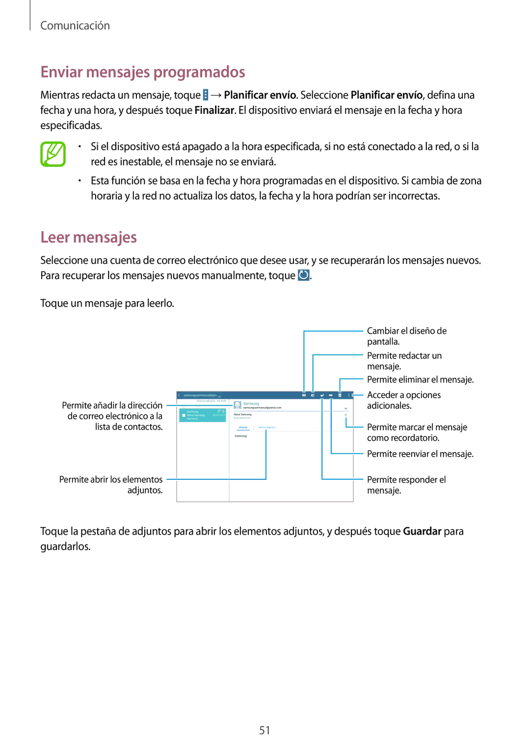 Samsung SM-T520NZWATPH, SM-T520NZWADBT, SM-T520NZKATPH, SM-T520XZWAPHE manual Enviar mensajes programados, Leer mensajes 