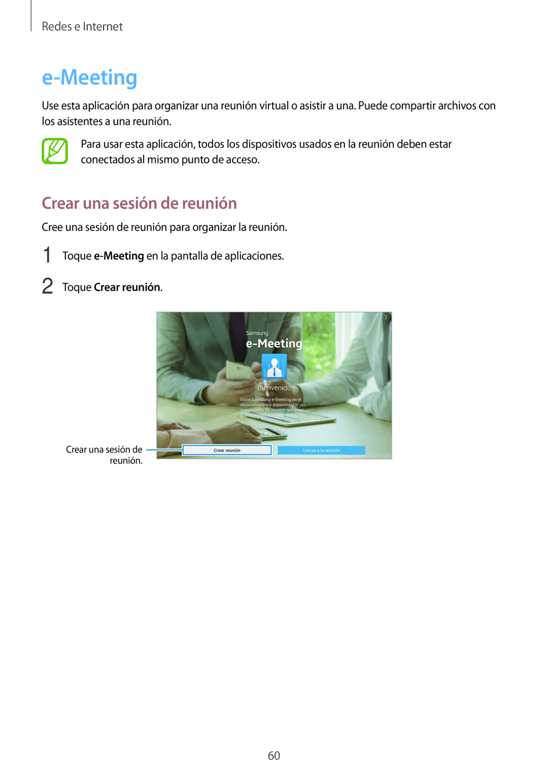 Samsung SM-T520NZWAPHE, SM-T520NZWADBT, SM-T520NZKATPH manual Meeting, Crear una sesión de reunión, Toque Crear reunión 