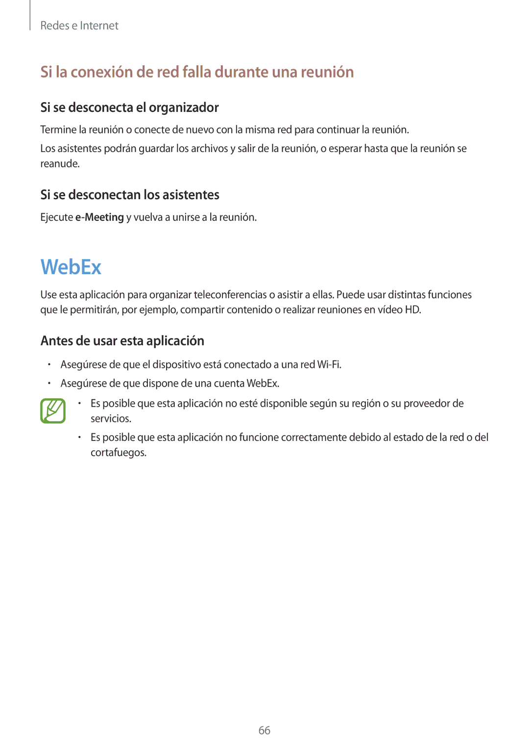 Samsung SM-T520XZWAPHE manual WebEx, Si la conexión de red falla durante una reunión, Si se desconecta el organizador 