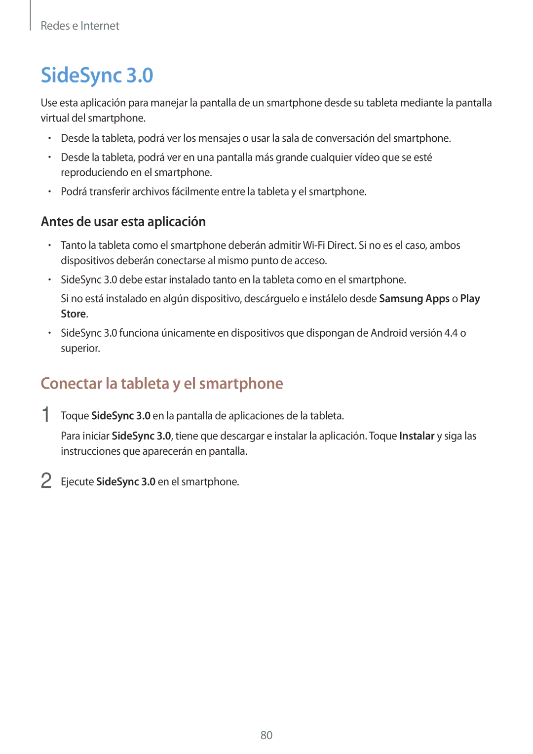 Samsung SM-T520NZWADBT, SM-T520NZKATPH, SM-T520XZWAPHE, SM-T520NZWATPH manual SideSync, Conectar la tableta y el smartphone 