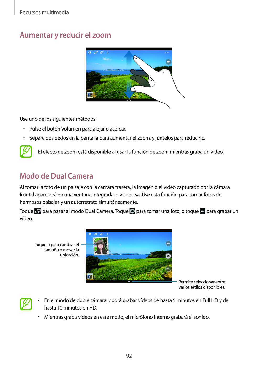 Samsung SM-T520NZWAPHE, SM-T520NZWADBT, SM-T520NZKATPH, SM-T520XZWAPHE manual Aumentar y reducir el zoom, Modo de Dual Camera 