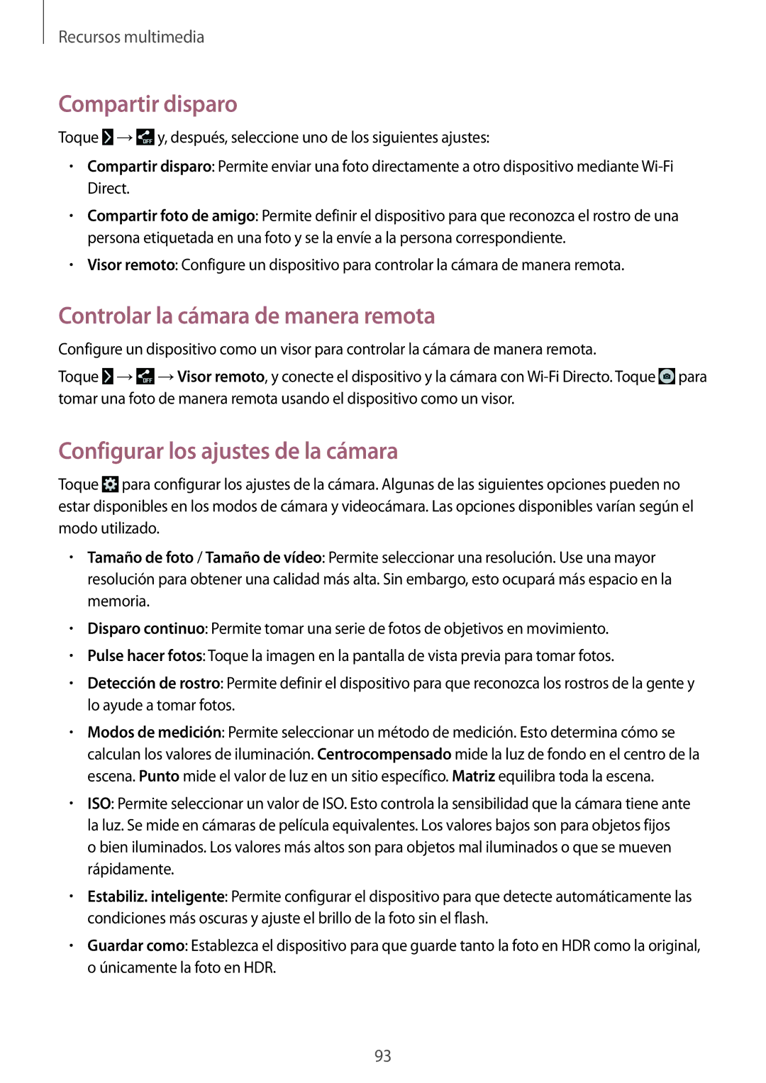 Samsung SM-T520NZWAAUT manual Compartir disparo, Controlar la cámara de manera remota, Configurar los ajustes de la cámara 