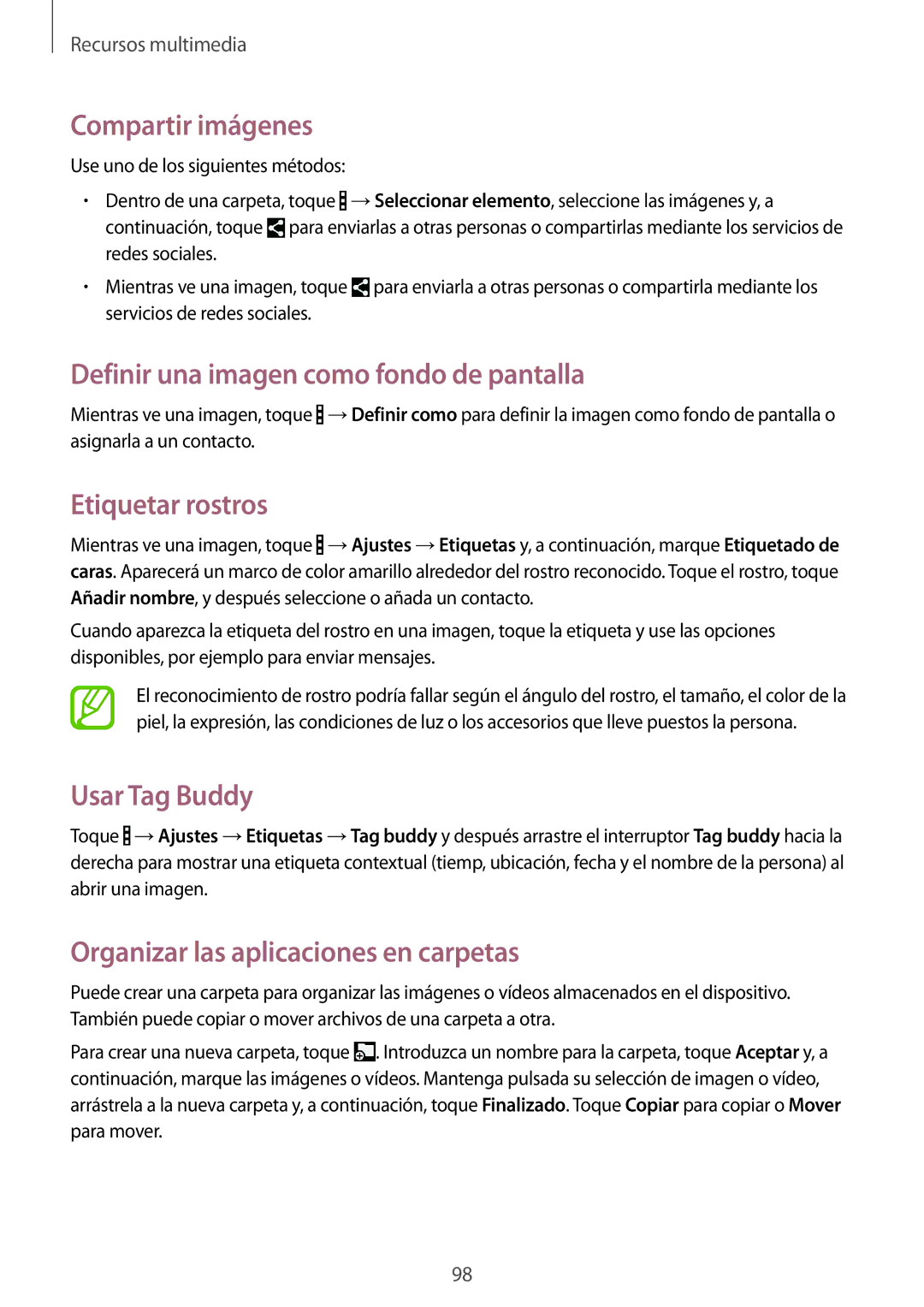 Samsung SM-T520XZWAPHE Compartir imágenes, Definir una imagen como fondo de pantalla, Etiquetar rostros, Usar Tag Buddy 