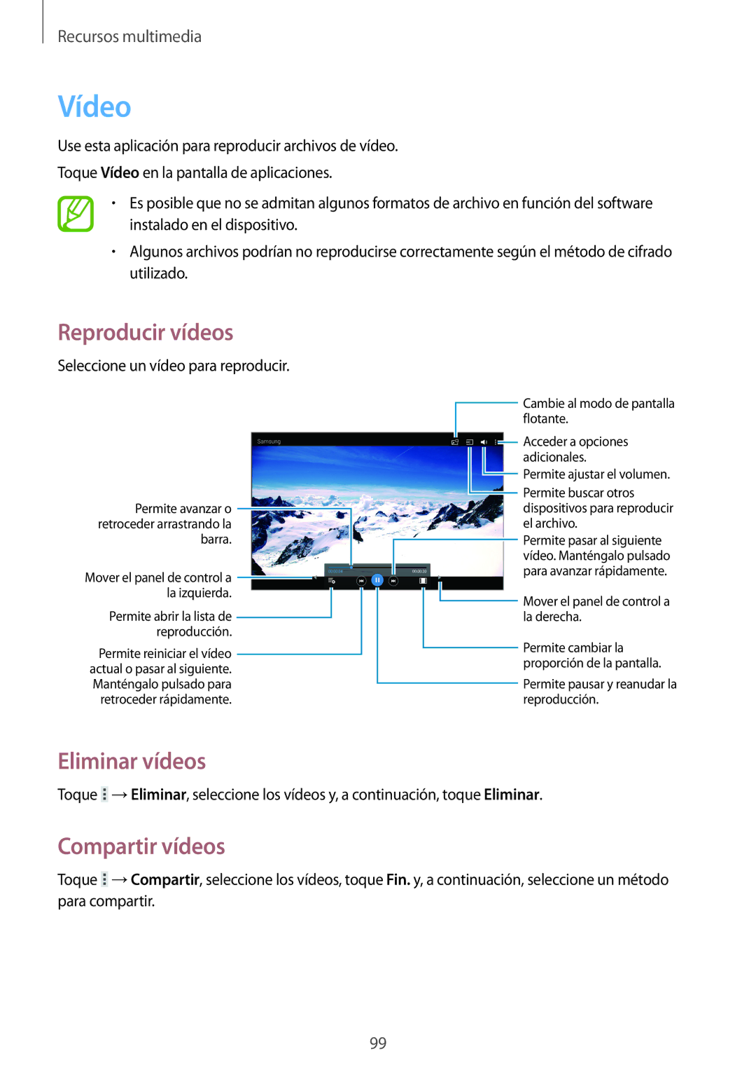 Samsung SM-T520NZWATPH, SM-T520NZWADBT, SM-T520NZKATPH, SM-T520XZWAPHE manual Vídeo, Eliminar vídeos, Compartir vídeos 