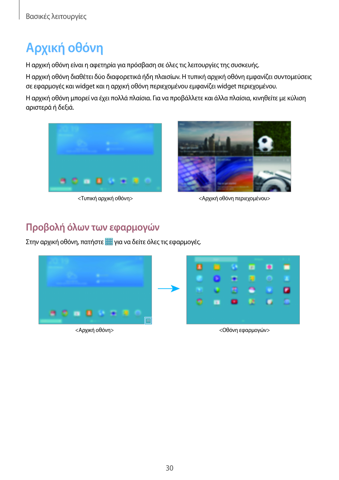 Samsung SM-T520NZWAEUR, SM-T520NZKAEUR manual Αρχική οθόνη, Προβολή όλων των εφαρμογών 