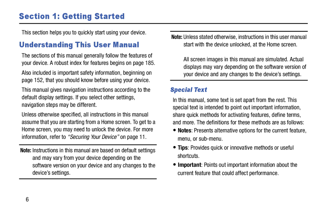 Samsung SM-T520NZWAXAR, SM-T520NZKAXAR user manual Getting Started, Special Text 