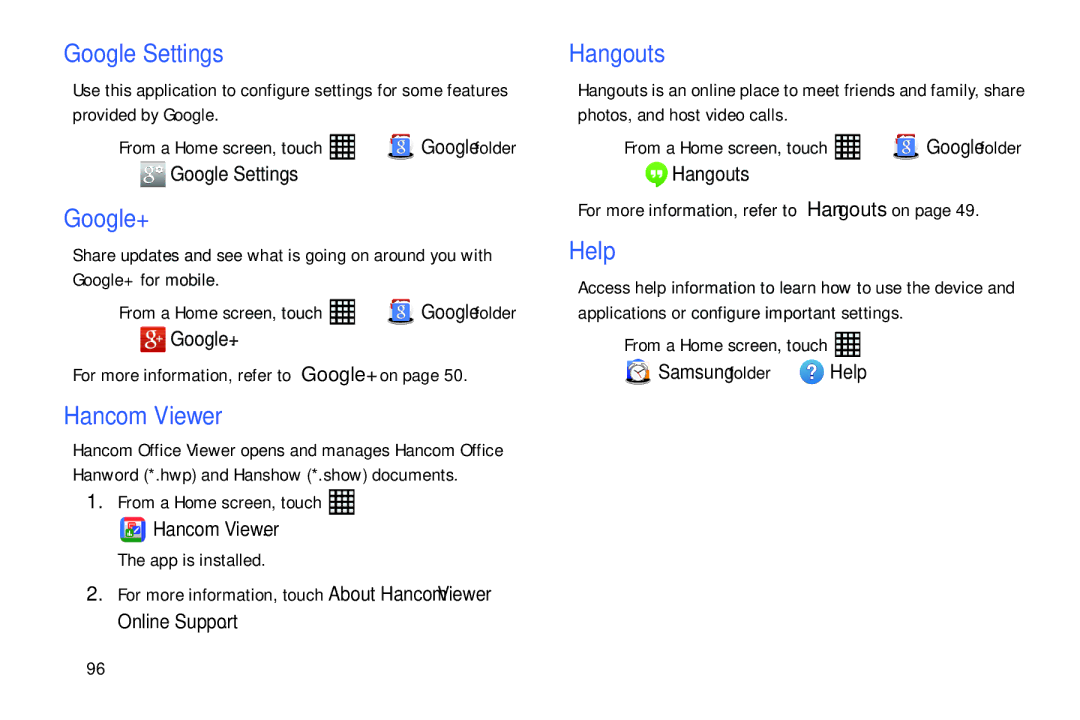 Samsung SM-T520NZWAXAR, SM-T520NZKAXAR user manual Google Settings, Hancom Viewer, Samsung folder Help 