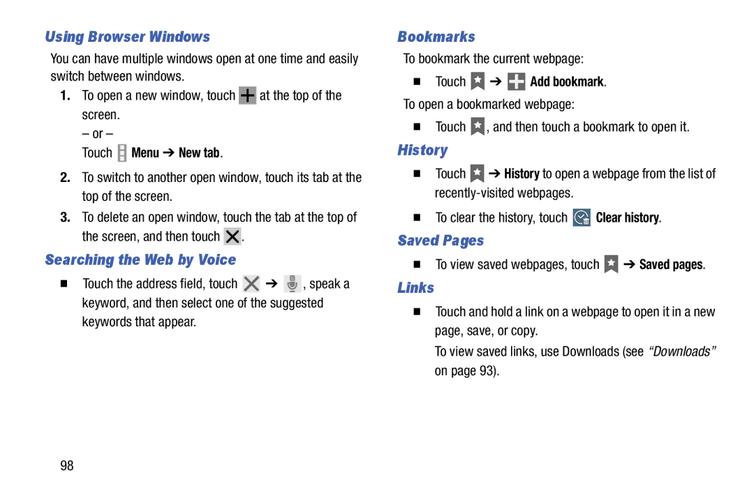 Samsung SM-T520NZWAXAR Using Browser Windows, Searching the Web by Voice, Bookmarks, History, Saved Pages, Links 