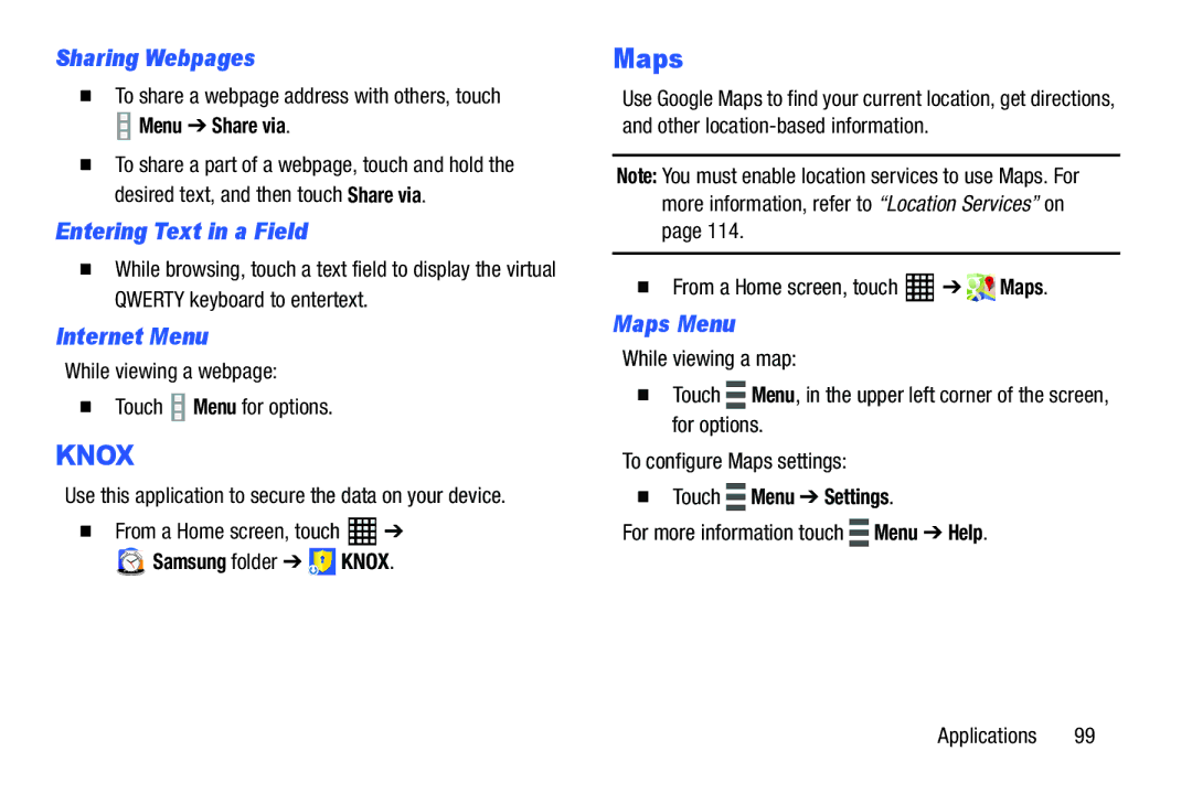 Samsung SM-T520NZKAXAR, SM-T520NZWAXAR user manual Maps, Sharing Webpages, Entering Text in a Field, Internet Menu 