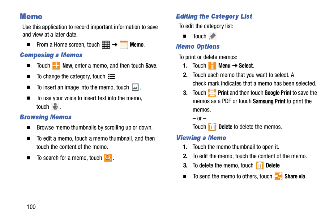 Samsung SM-T520NZWAXAR, SM-T520NZKAXAR user manual Memo 