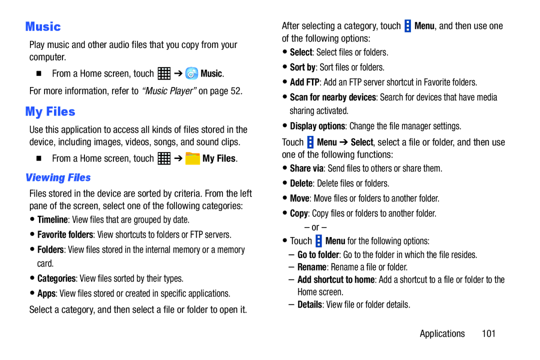 Samsung SM-T520NZKAXAR, SM-T520NZWAXAR user manual Music, Viewing Files, From a Home screen, touch My Files 