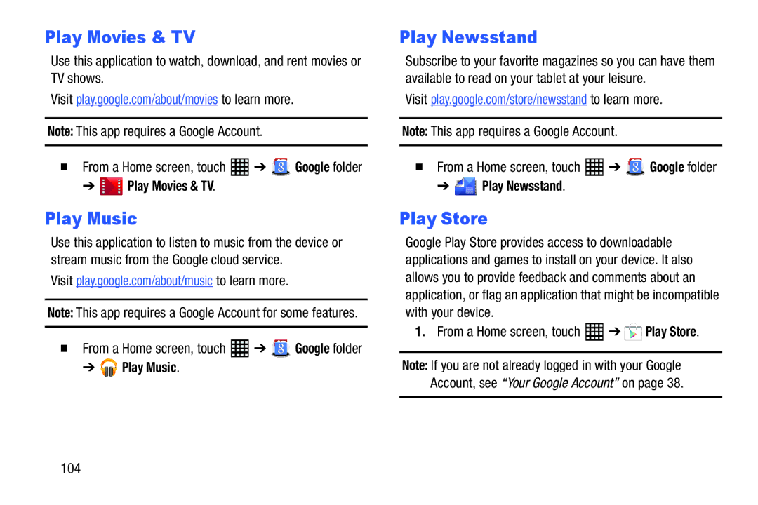 Samsung SM-T520NZWAXAR, SM-T520NZKAXAR user manual Play Movies & TV, Play Newsstand, Play Store 