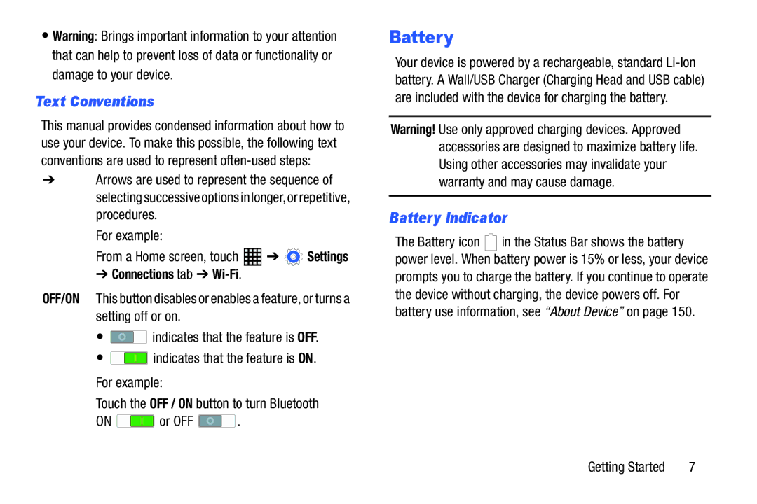 Samsung SM-T520NZKAXAR, SM-T520NZWAXAR Text Conventions, Battery Indicator, For example, Connections tab Wi-Fi 