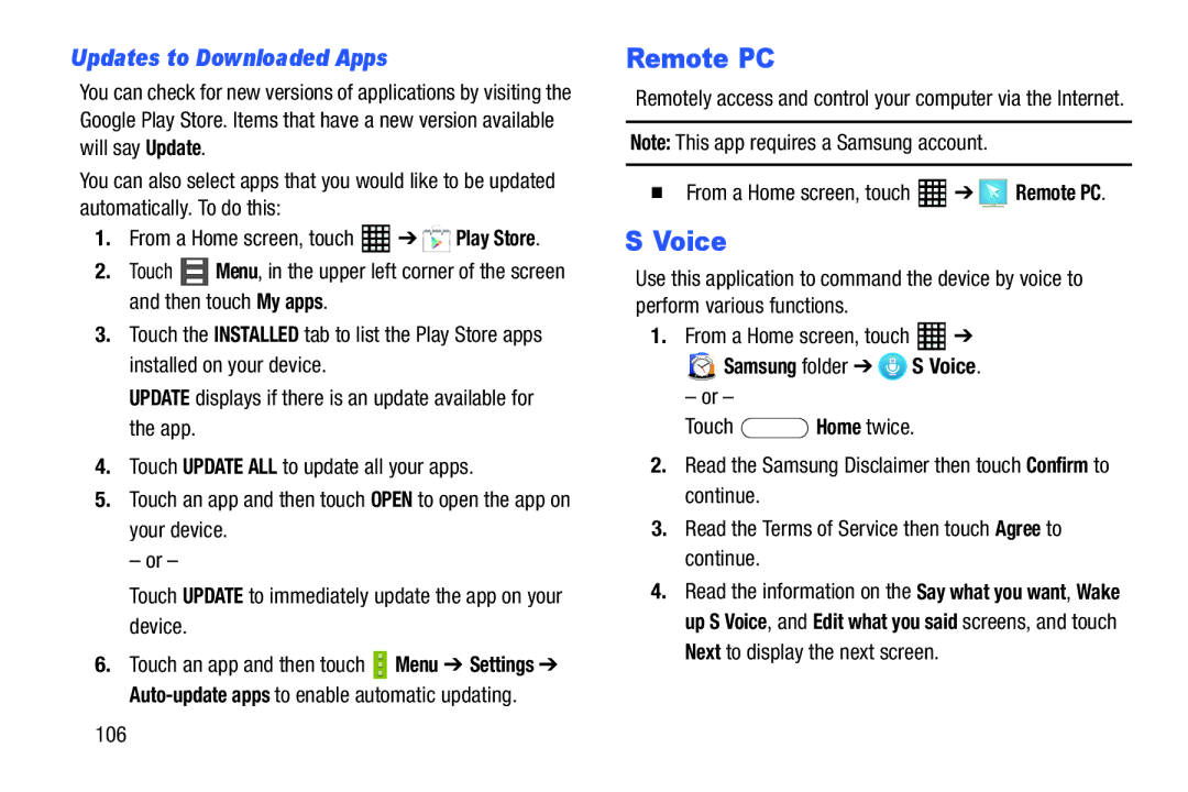 Samsung SM-T520NZWAXAR, SM-T520NZKAXAR user manual Remote PC, Updates to Downloaded Apps, Samsung folder S Voice, 106 