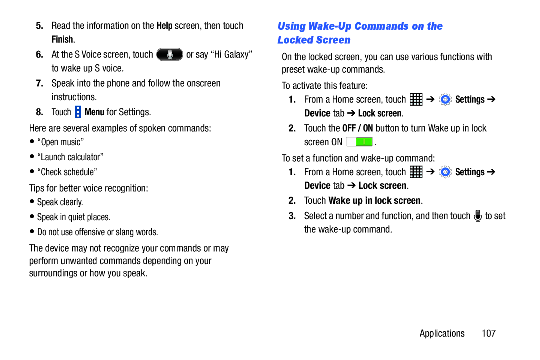 Samsung SM-T520NZKAXAR Using Wake-Up Commands on Locked Screen, To activate this feature From a Home screen, touch 