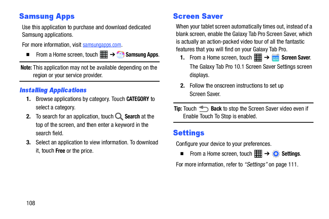 Samsung SM-T520NZWAXAR user manual Samsung Apps, Screen Saver, Settings, Configure your device to your preferences, 108 