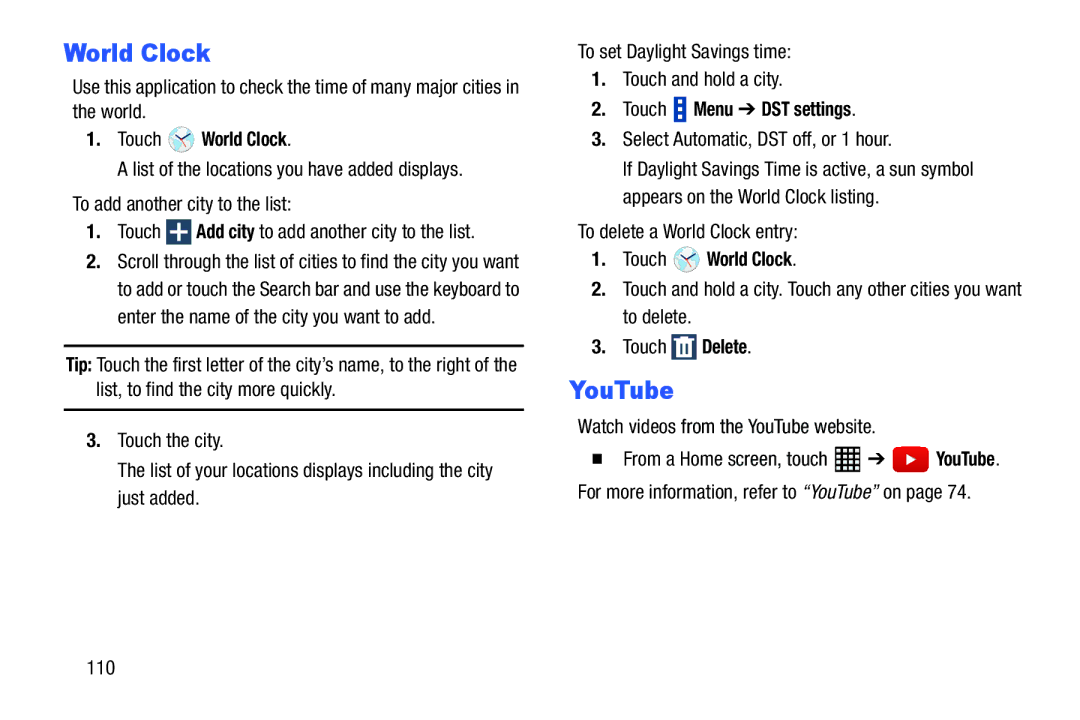 Samsung SM-T520NZWAXAR, SM-T520NZKAXAR user manual Touch World Clock, Touch Menu DST settings 