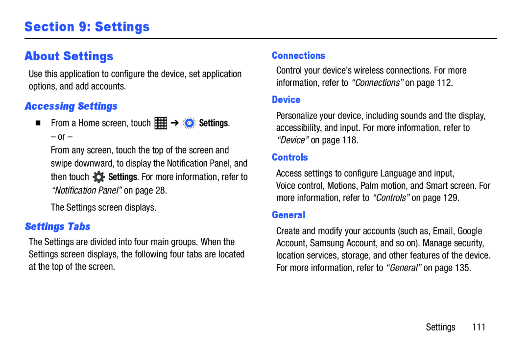 Samsung SM-T520NZKAXAR, SM-T520NZWAXAR user manual About Settings, Accessing Settings, Settings Tabs 