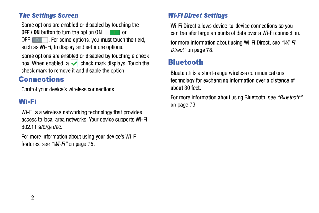 Samsung SM-T520NZWAXAR Connections, Settings Screen, Wi-Fi Direct Settings, Control your device’s wireless connections 